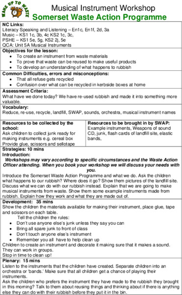 Musical Instrument Workshop: Somerset Waste Action Programme Lesson Plan