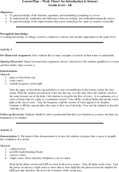 An Introduction to Sensors Lesson Plan