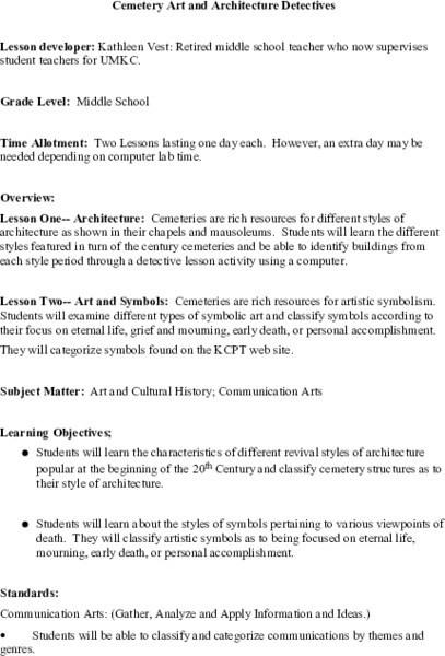 Cemetery Art And Architecture Detectives Lesson Plan