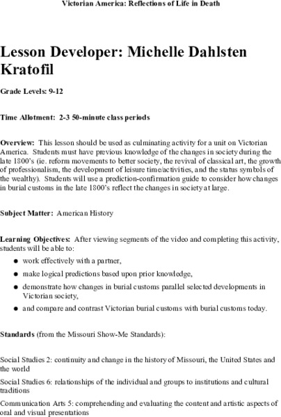 Victorian America: Reflections of Life in Death Lesson Plan