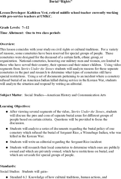 Burial "Rights" Lesson Plan