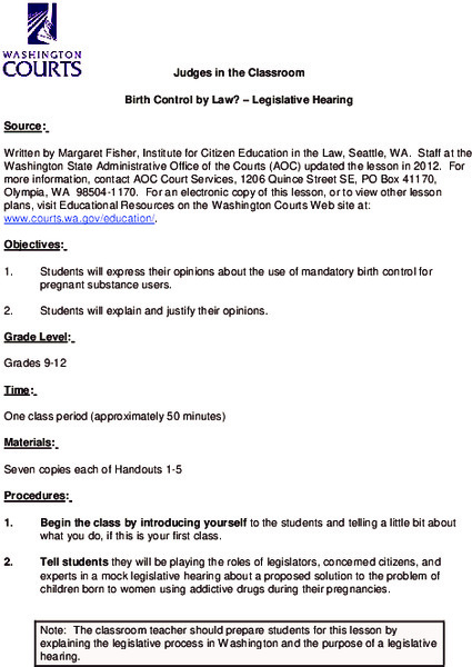 Birth Control By Law? - Legislative Hearing Lesson Plan