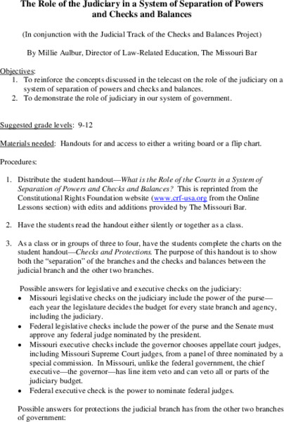 The Role of the Judiciary in a System of Separation of Powers and Checks and Balances Lesson Plan