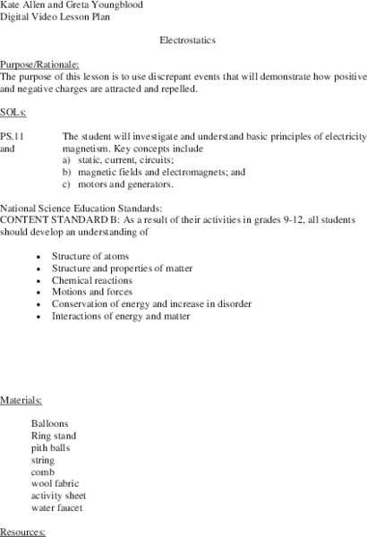 Electrostatics Lesson Plan