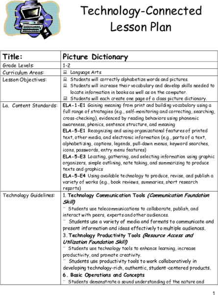 Picture Dictionary Lesson Plan