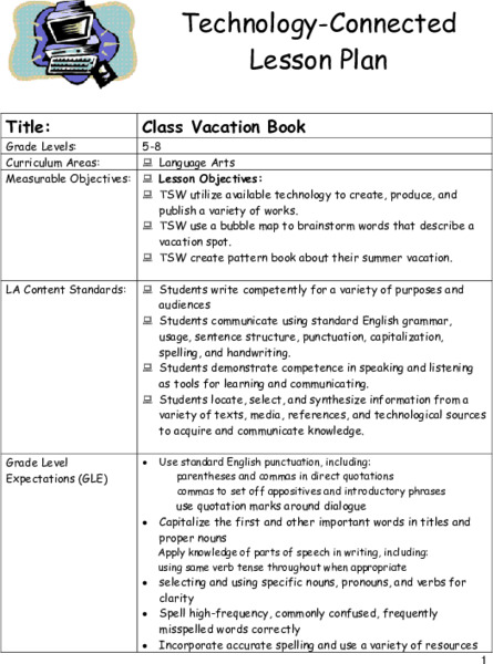 Class Vacation Book Lesson Plan