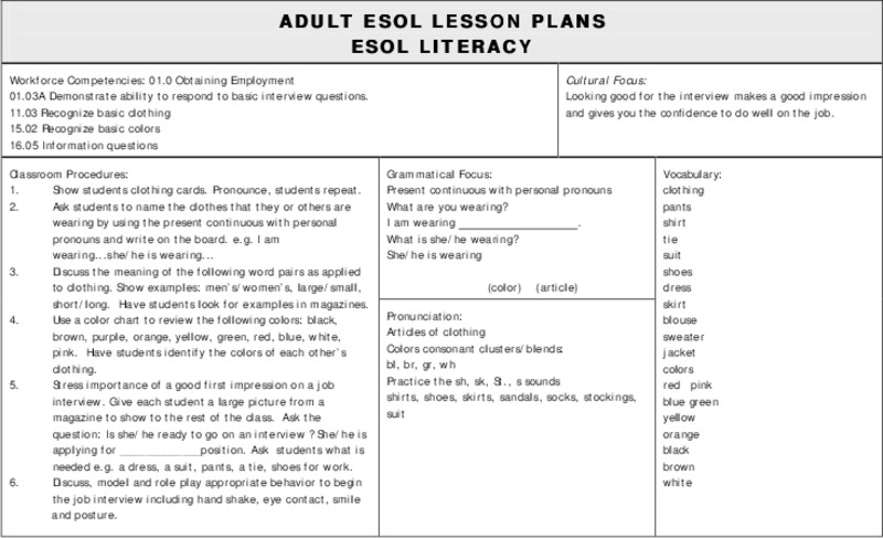 ADULT ESOL LESSON PLANS--Obtaining Employment Lesson Plan