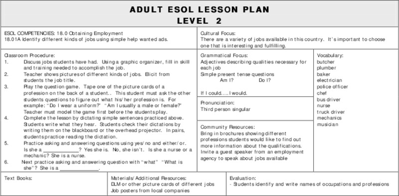 ESOL 18 Obtaining Employment Lesson Plan