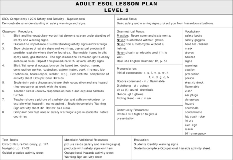 ESOL Safety and Security Lesson Plan