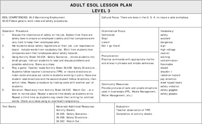 ADULT ESOL LESSON PLAN--Level 3--Maintaining Employment Lesson Plan