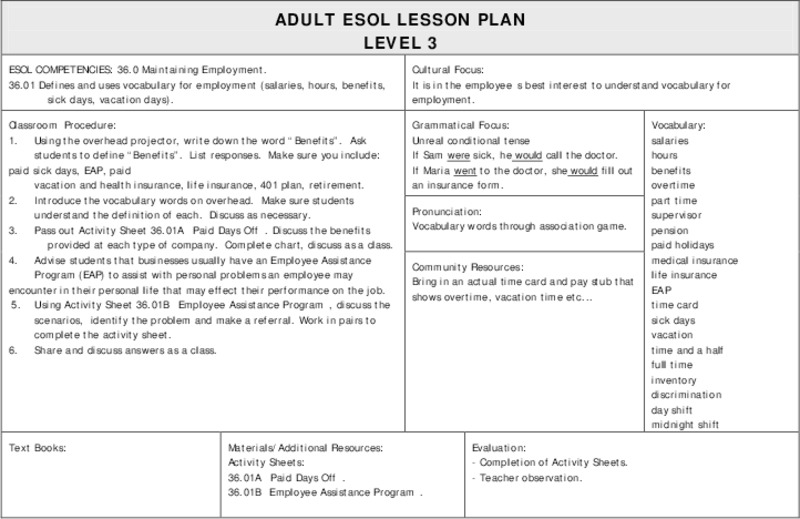 Level 3--Maintaining Employment Lesson Plan