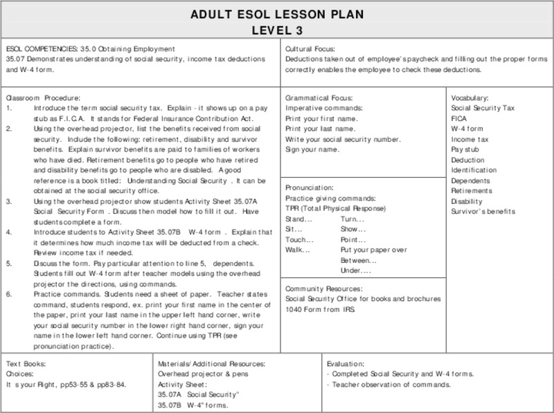 ADULT ESOL LESSON PLAN--Level 3--Obtaining Employment Lesson Plan