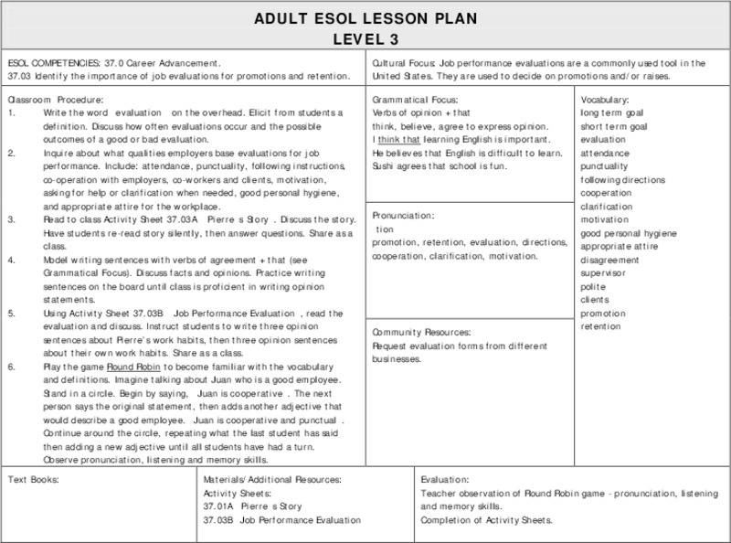 ESOL Career Advancement Lesson Plan