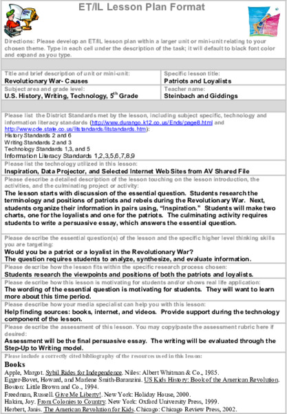 Patriots and Loyalists Lesson Plan