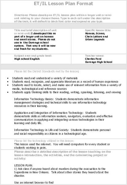 Hoaxes, Scams, Chain Letters and Urban Legends Lesson Plan