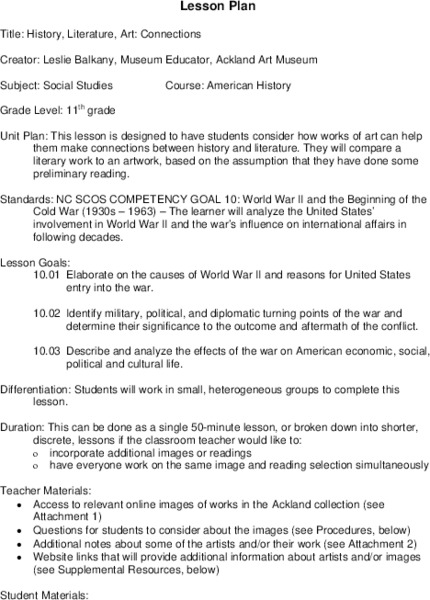 History, Literature, Art: Connections Lesson Plan