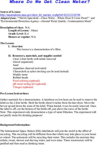 Where Do We Get Clean Water? Lesson Plan