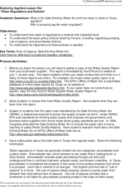Water Regulations and Policies Lesson Plan