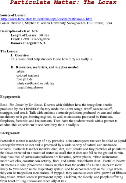Particulate Matter:  The Lorax Lesson Plan