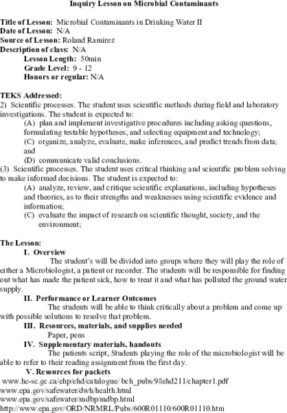 Microbial Contaminants in Drinking Water Lesson Plan