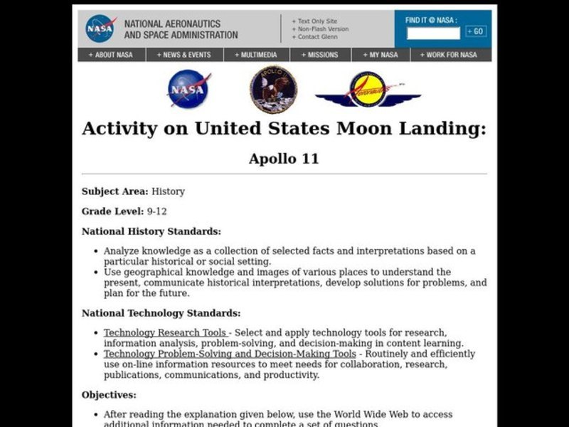 Activity on United States Moon Landing: Apollo 11 Lesson Plan