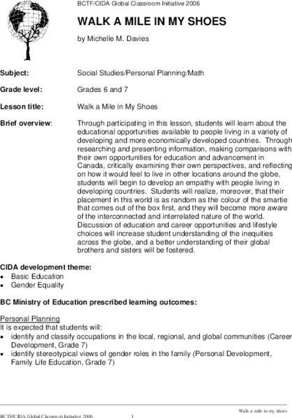 WALK A MILE IN MY SHOES Lesson Plan