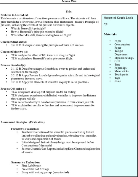 Bernoulli's Principle Lesson Plan