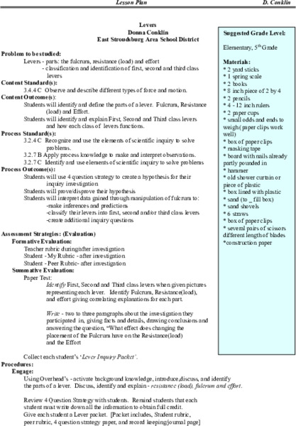 Levers Lesson Plan