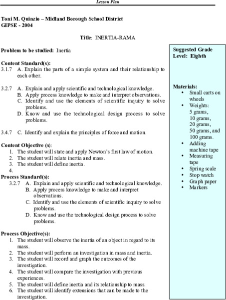 Inertia Lesson Plan
