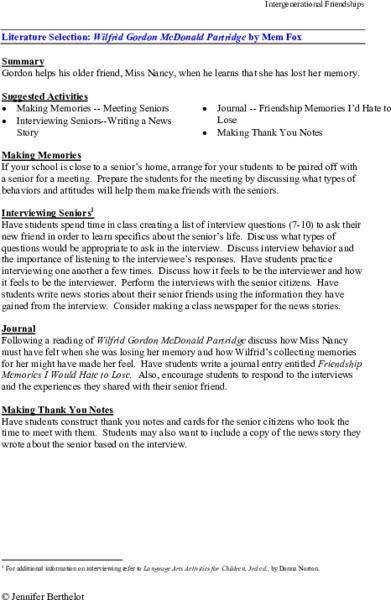 Intergenerational Friendships Lesson Plan