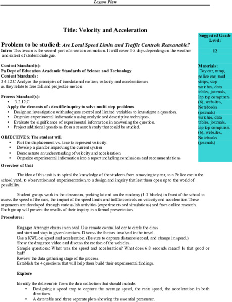 Velocity and Acceleration Lesson Plan