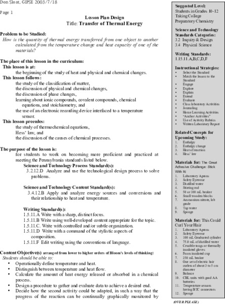 Transfer of Thermal Energy Lesson Plan