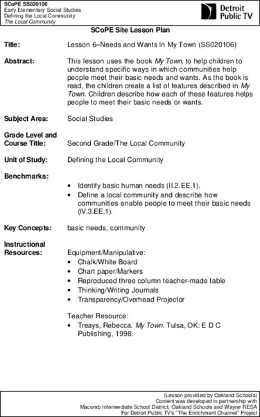 Lesson 6-Needs and Wants in My Town Lesson Plan