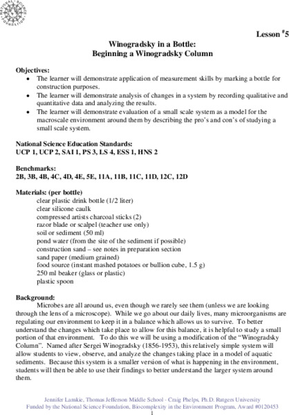 Winogradsky in a Bottle: Beginning a Winogradsky Column Lesson Plan