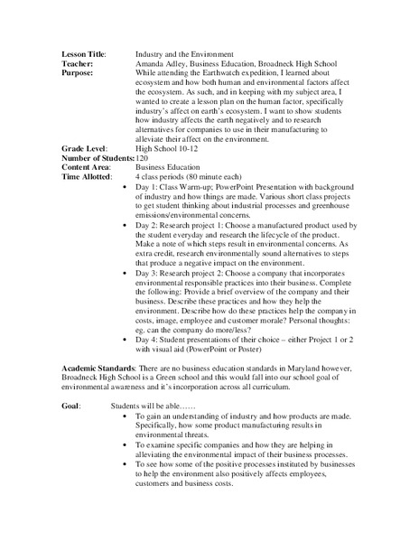 Industry and the Environment Lesson Plan