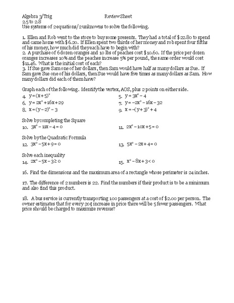 Inequalities Worksheet