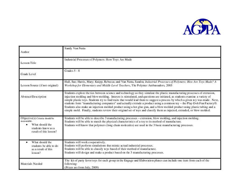 Industrial Processes of Polymers: How toys Are Made Lesson Plan