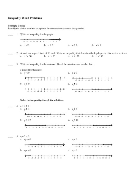 Inequality Word Problems Worksheet