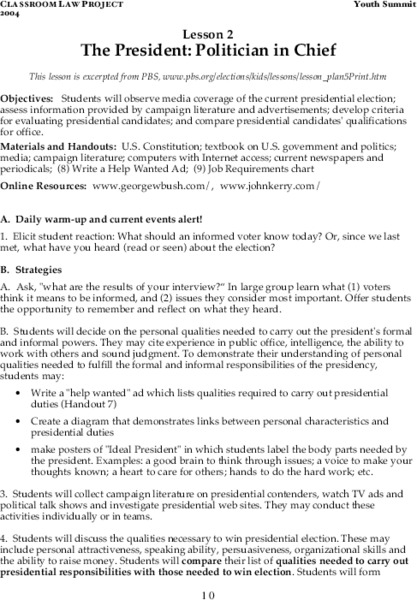 The President:  Politician in Chieft Lesson Plan