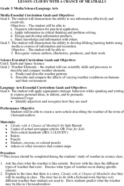 Cloudy With a Chance of Meatballs Lesson Plan