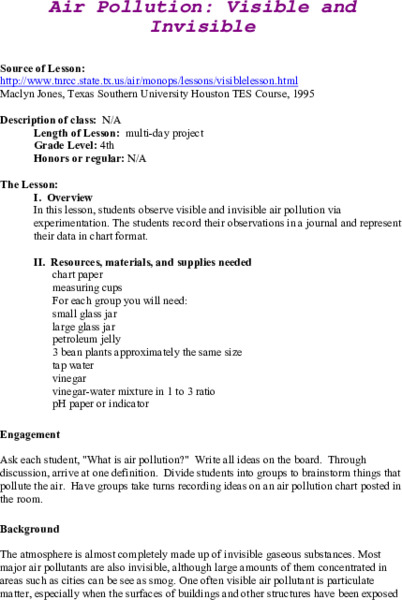 Air Pollution: Visible And Invisible Lesson Plan