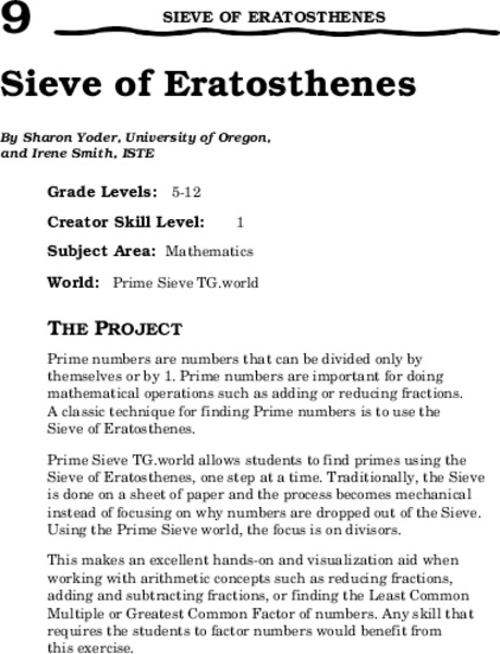 Sieve of Eratosthenes Lesson Plan