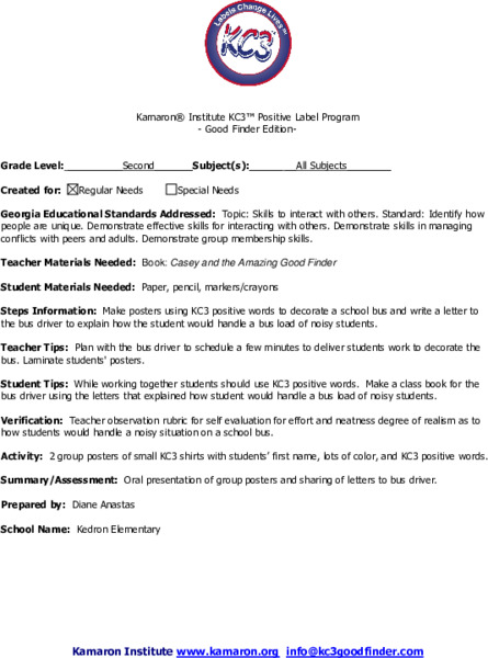 KC3 Positive Words Lesson Plan