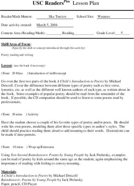 Poetry Reading and Writing Lesson Plan