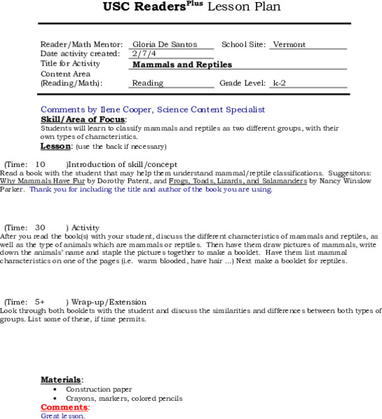 Mammals and Reptiles Lesson Plan
