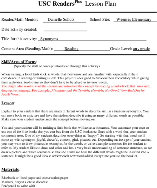Synonyms Lesson Plan