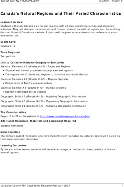 Canada's Natural Regions and Their Varied Characteristics Lesson Plan