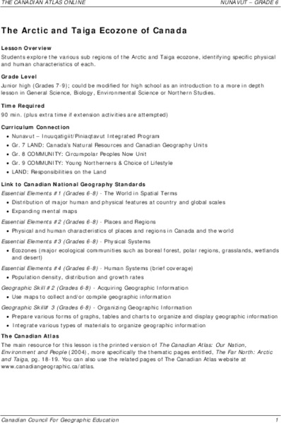 The Arctic and Taiga Ecozone of Canada Lesson Plan
