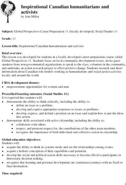 Inspirational Canadian Humanitarians And Activists Lesson Plan