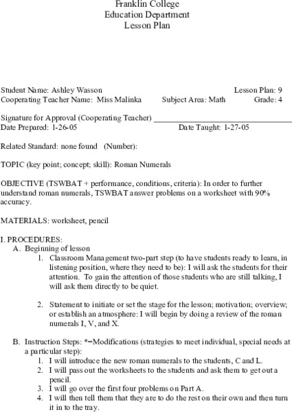 Roman Numerals Lesson Plan